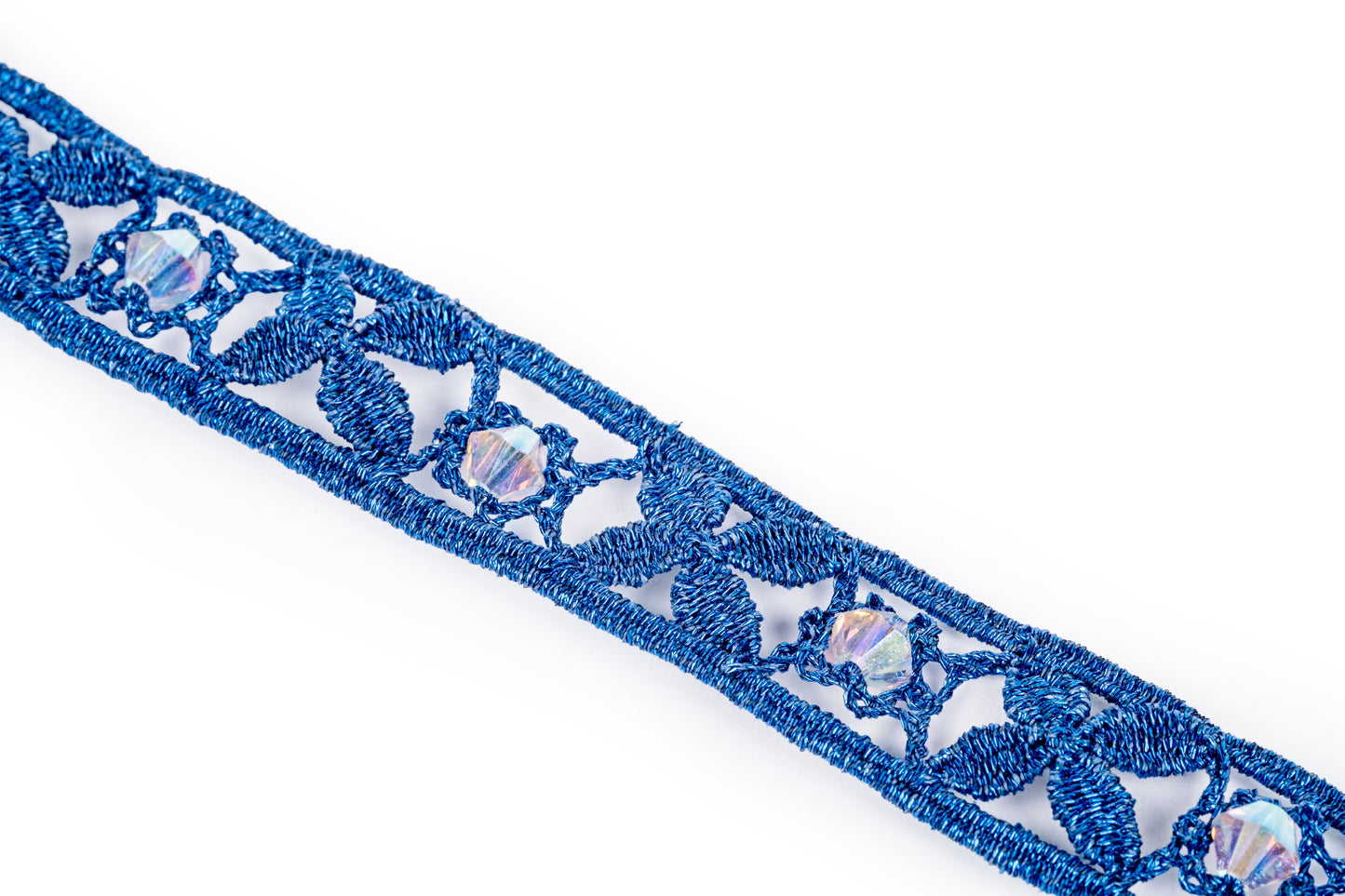 Bracciale in merletto blu metallizzato con cristalli