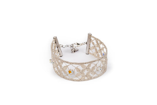 Bracciale in merletto a tombolo fascia color argento
