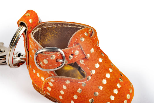 Portachiavi scarpina bebè arancione pois oro