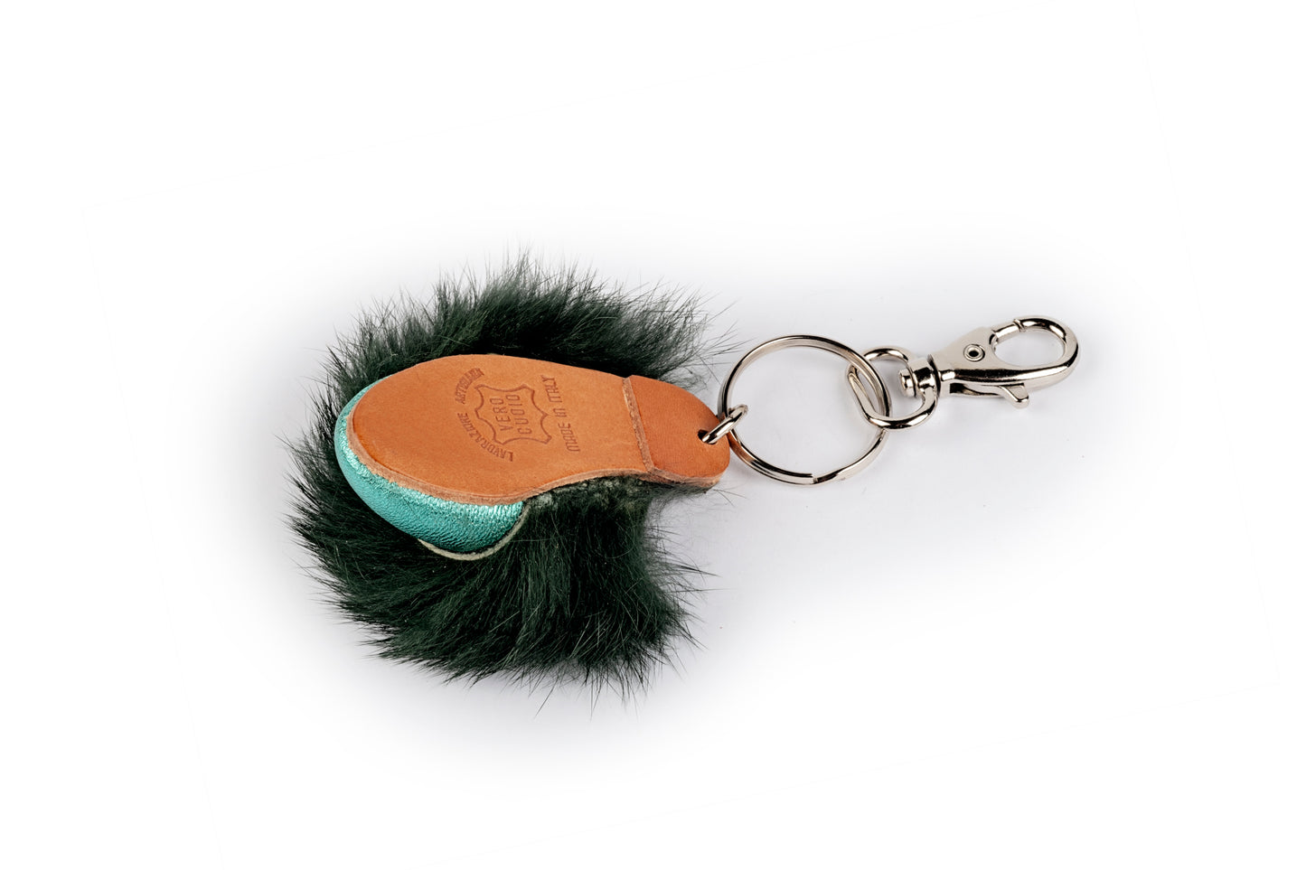 Portachiavi ciabattina verde acqua con pelliccia verde