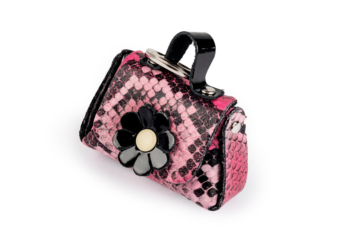 Portachiavi borsetta pitonata rosa e nero