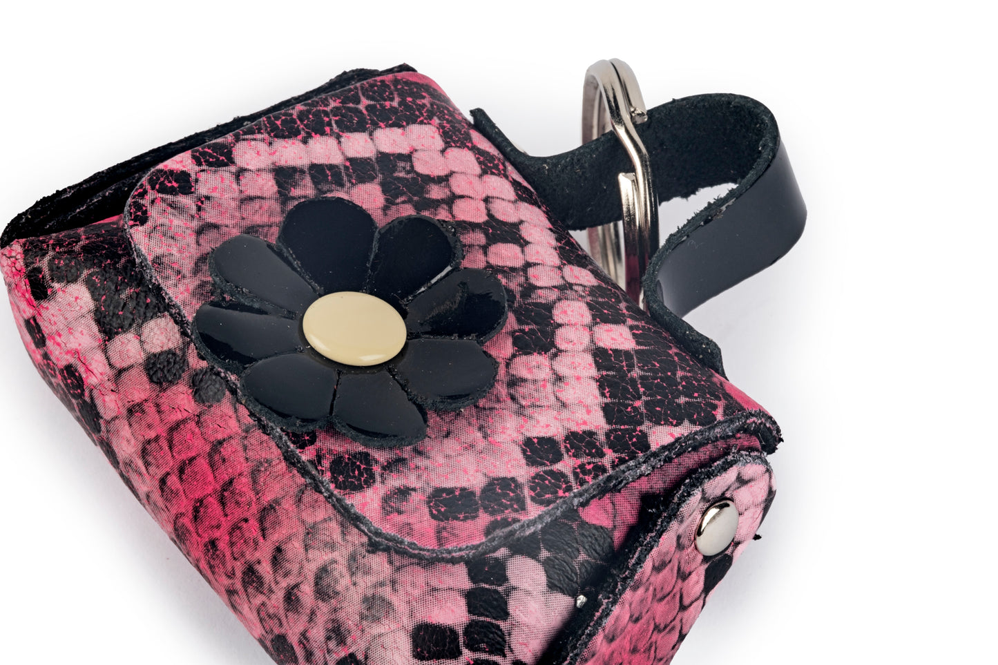 Portachiavi borsetta pitonata rosa e nero