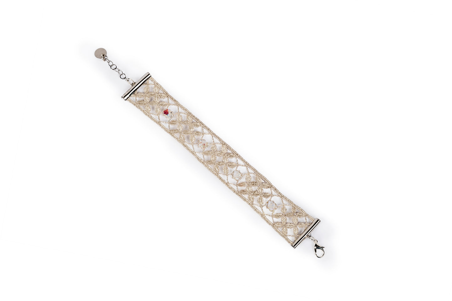 Bracciale in merletto a tombolo fascia color argento