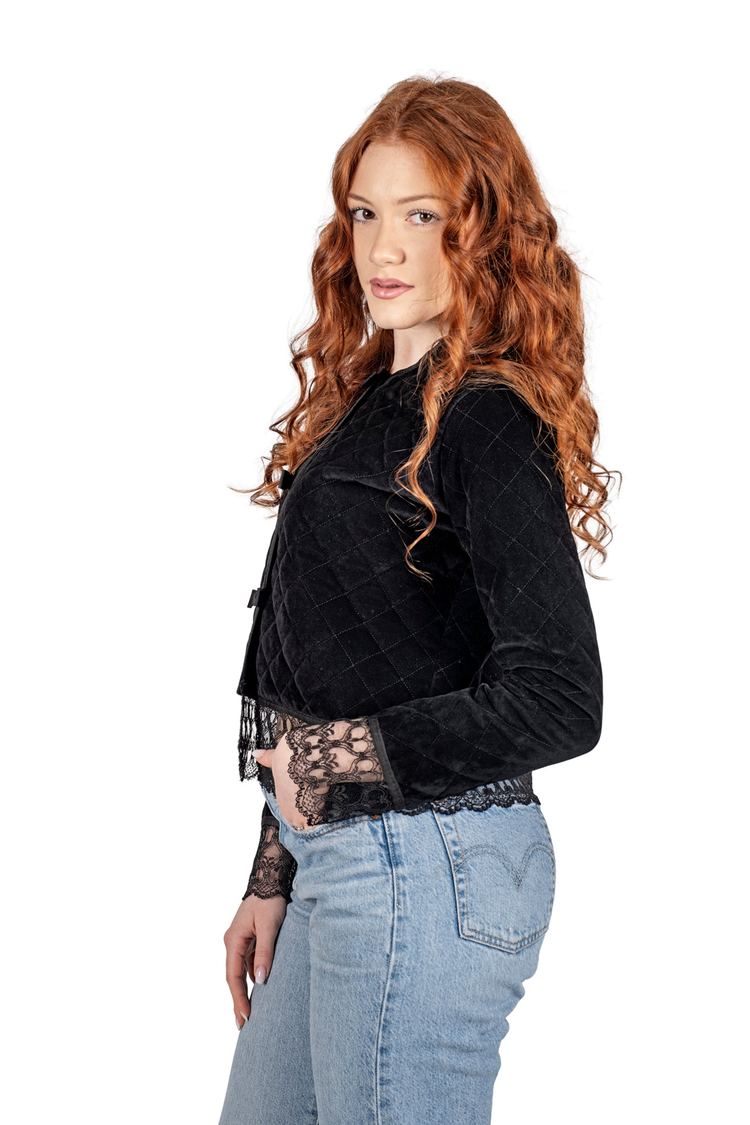 Tailored quilted black velvet and lace jacket