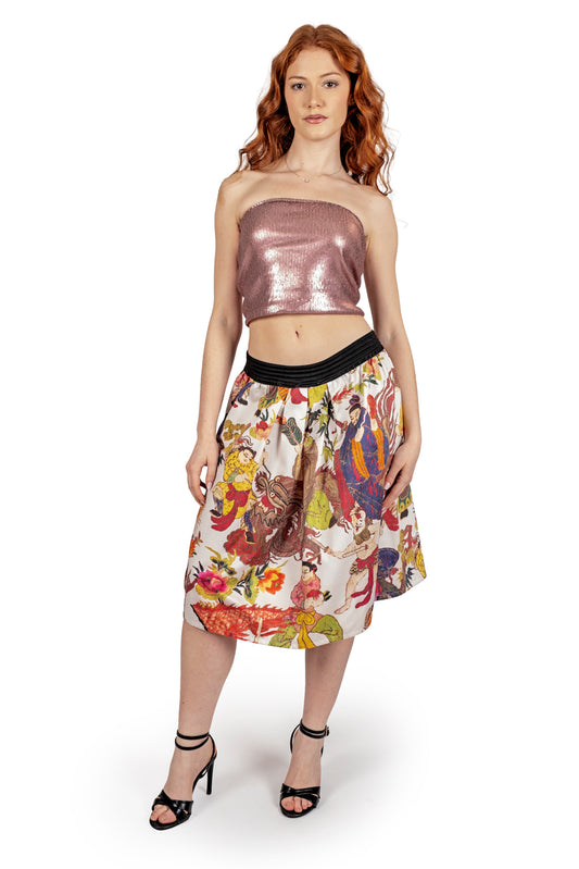 Look Oriental Dream, gonna in seta stampata e top in paillettes rose gold