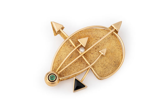 Spilla frecce oro, diamanti, smeraldo e onice