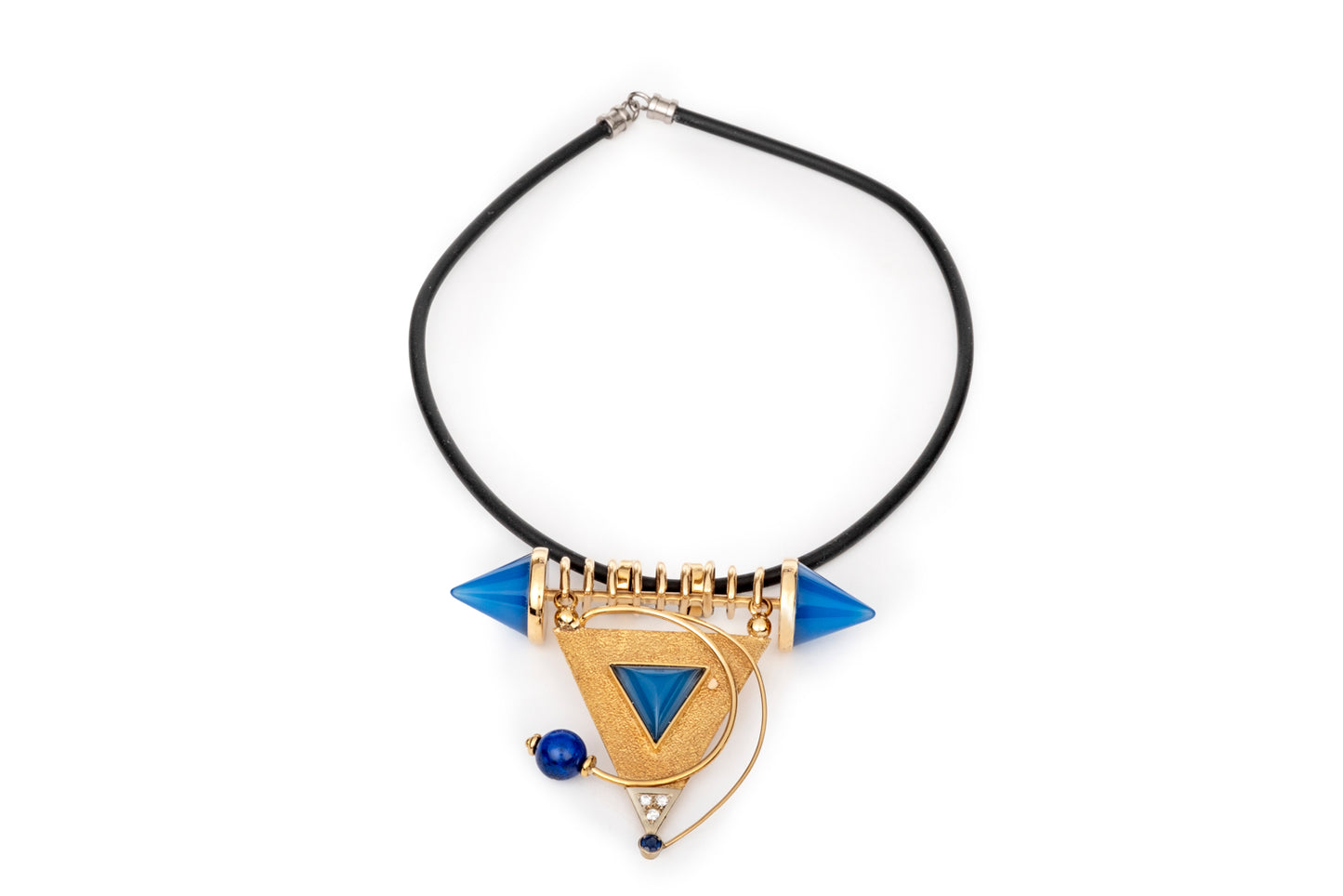 Ciondolo triangolo, diamanti, lapislazzuli e agata blu