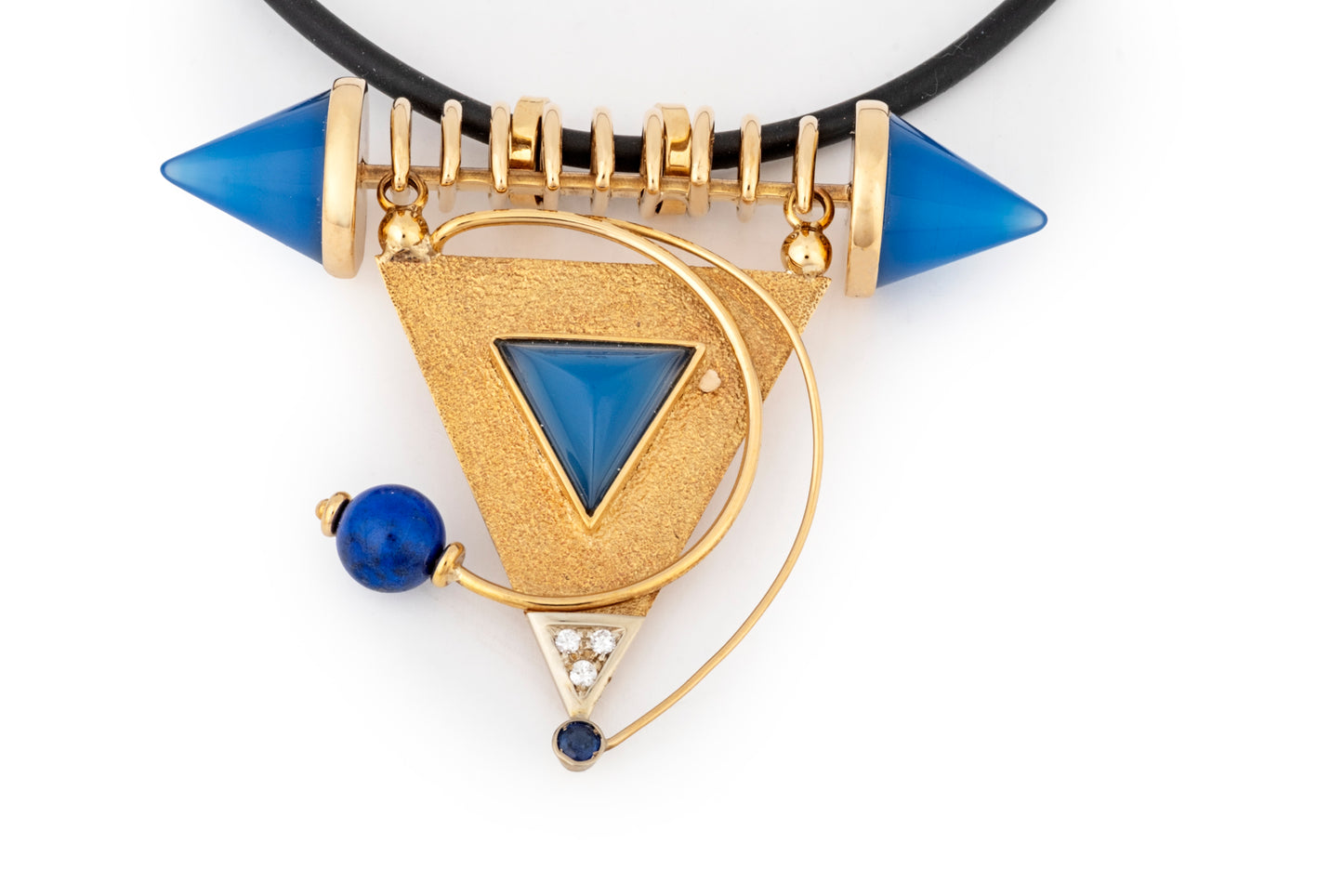 Ciondolo triangolo, diamanti, lapislazzuli e agata blu