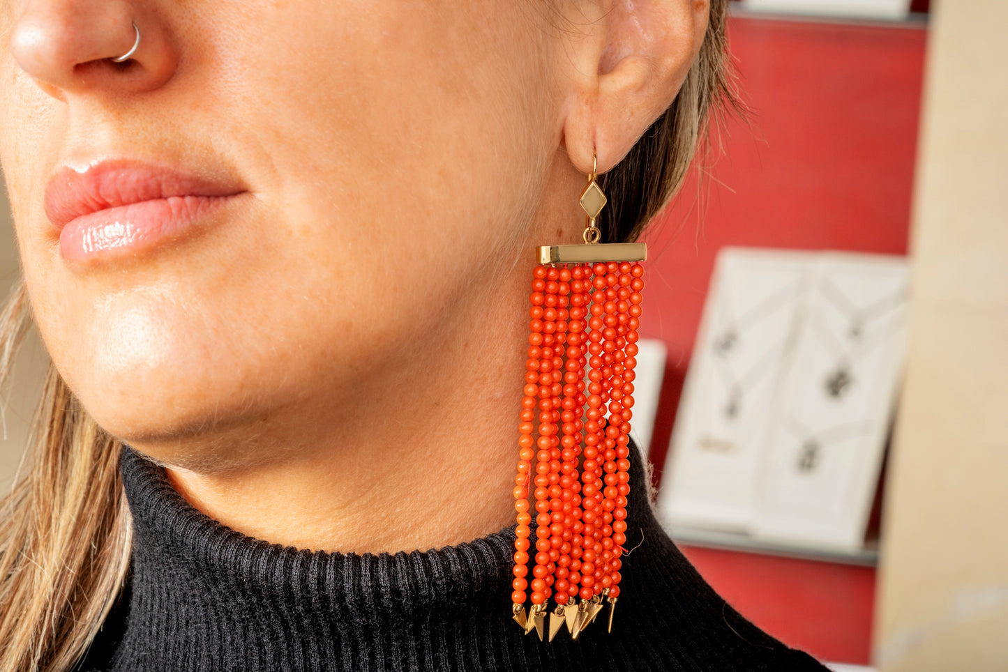Coral thread drop earrings