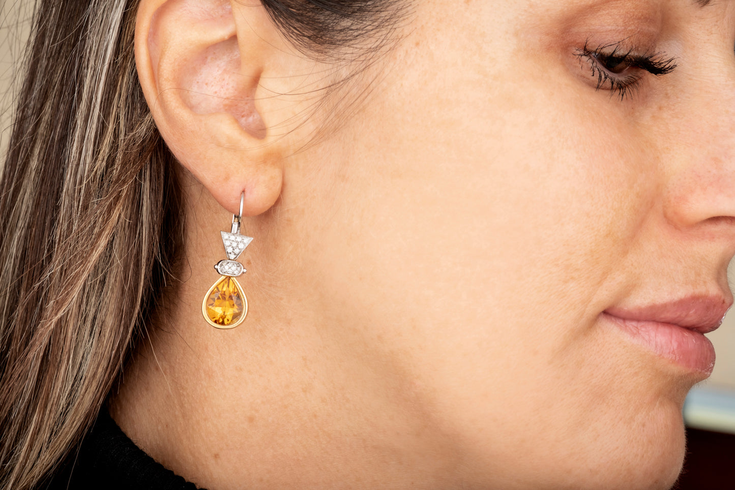 Teardrop dangle earrings with yellow topaz