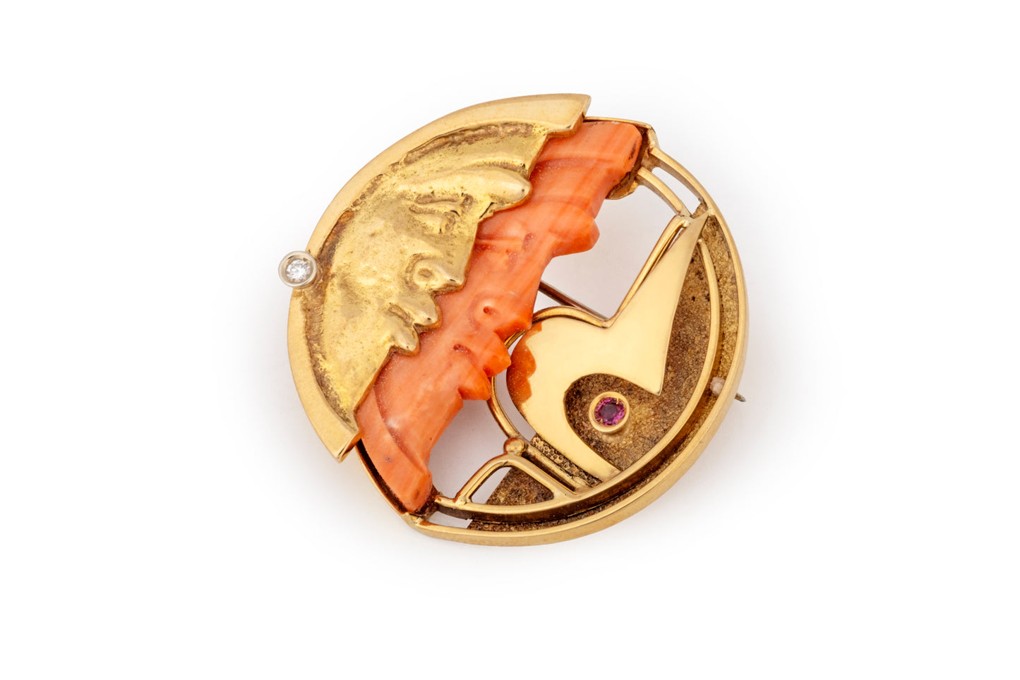 Coral and gold moon brooch