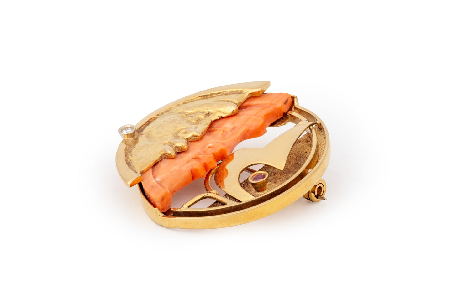 Coral and gold moon brooch