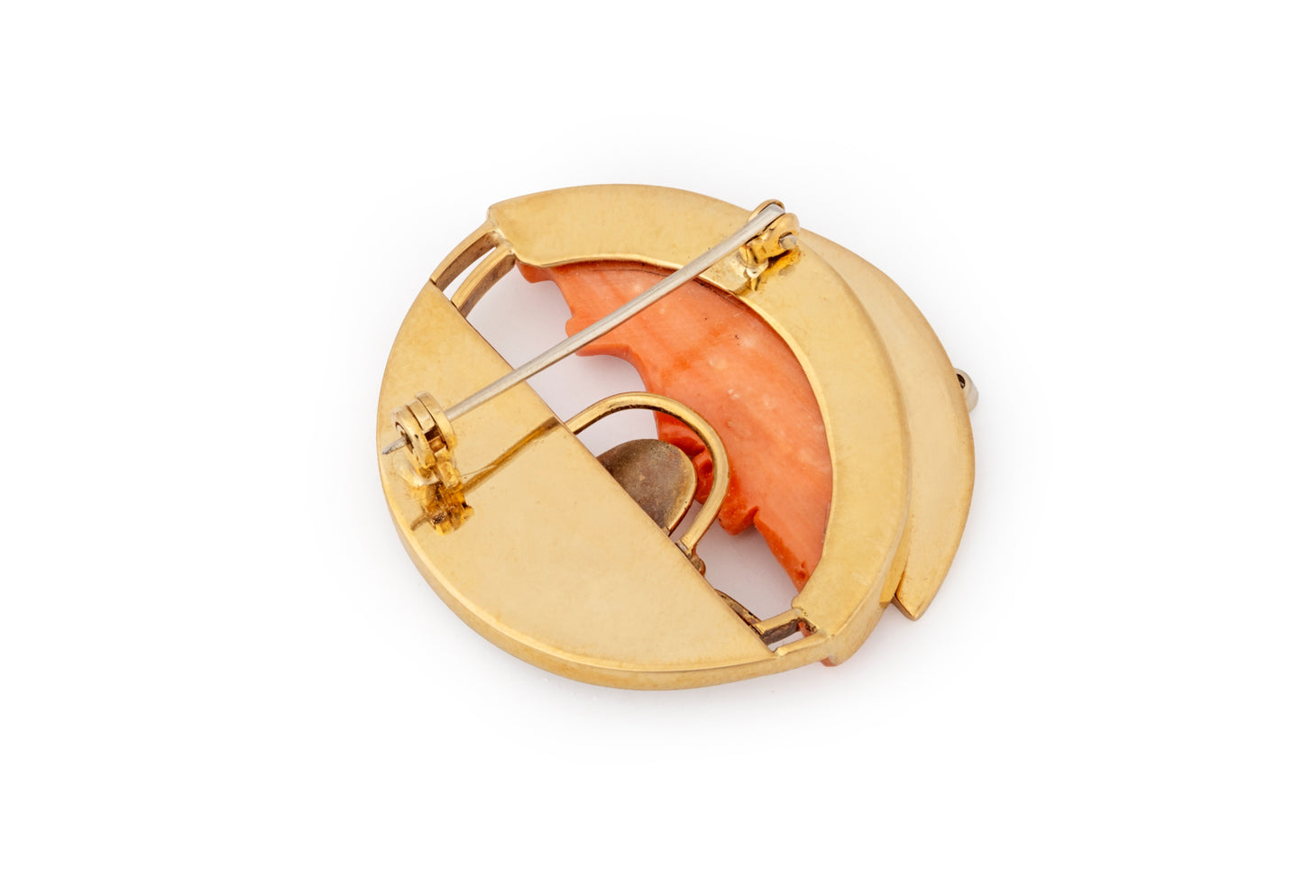 Coral and gold moon brooch